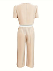 Round Neck Short Sleeve Top and Tied Pants Set