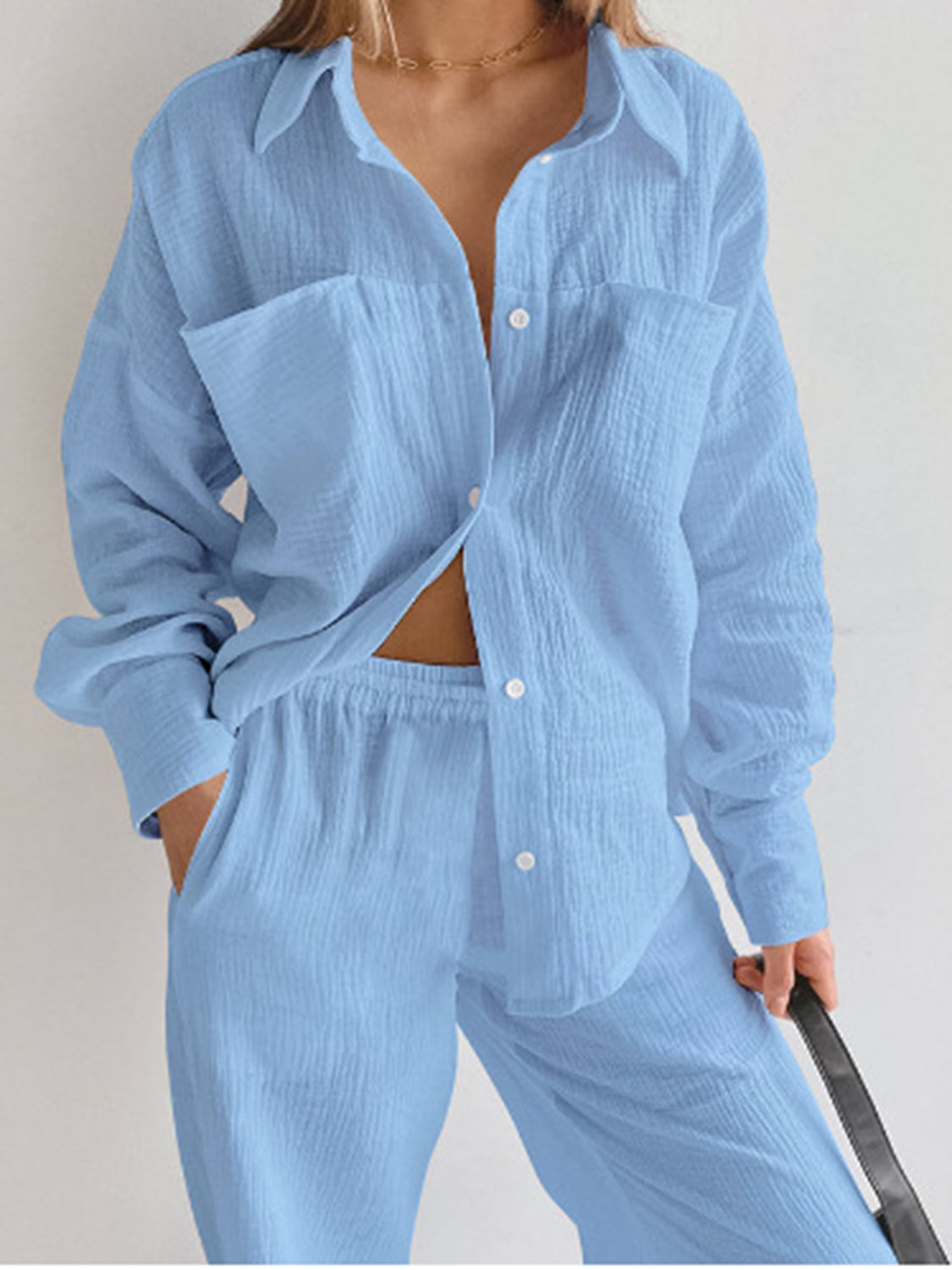 Texture Button Up Long Sleeve Shirt and Pants Set