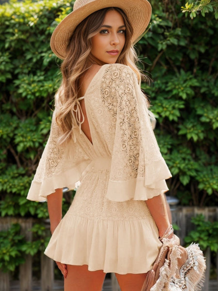 【〜8/15】ルミニョンLace frill back ribbon dress Off-Shoulder Tiered Gown with Floral Lace and Slit 40397