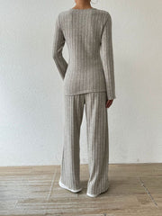 Ribbed V-Neck Long Sleeve Top and Pocketed Pants Set